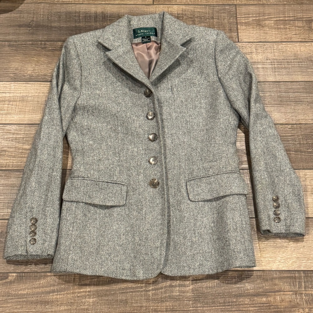Lauren Ralph Lauren Womens Sz 6 Button Wool Blazer Jacket Grey Herringbone Vtg